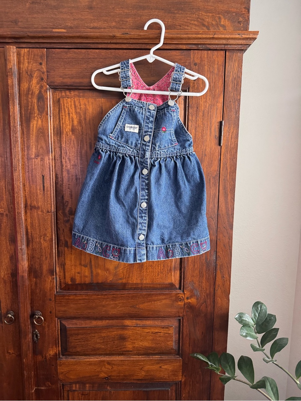 Vintage Oshkosh Denim Overalls Dress Embroidered ABC Cat Apple Bird